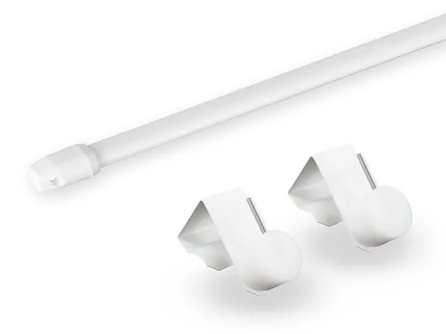 dekondo Vitragenstange Gardinenstange "Easy", weiß, oval, ausziehbar, klemmbare Fenstermontage, Befestigung ohne Bohren, ohne Kleben und ohne Werkzeug, inkl. Fensterhaken für einen Klemmbereich von 15-20 mm