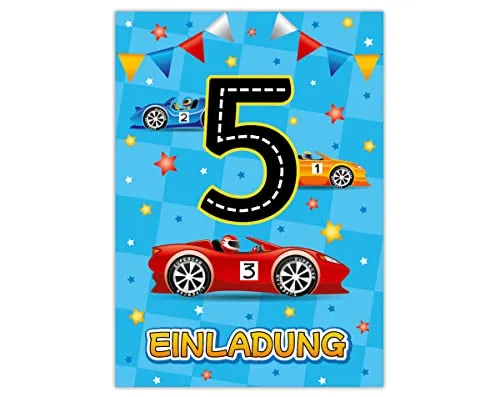 Einladungskarten zum 5. Kindergeburtstag fünfte Geburtstag Jungen Rennauto Geburtstagseinladungen 12