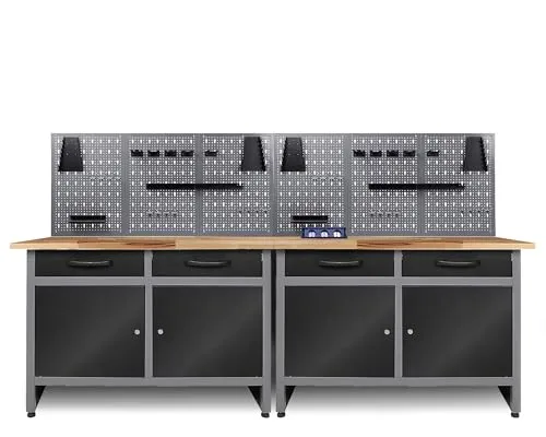 Ondis24 Werkstatt Set 240 cm – 2x Werkbank mit Buchenholzplatte & Steckdosenleiste - Zwei robuste Werkbänke mit 28 mm Buchenholzplatte und integrierter Steckdosenleiste für optimale Nutzung. Ergonomische Arbeitshöhe von 85 cm für komfortables Arbeiten in Hobby- und Profiwerkstätten.