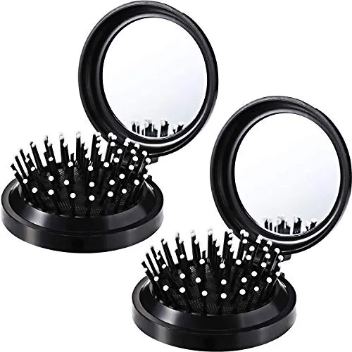 Haarbürste mit Spiegel, 2 Stück Reisekamm, faltbar, rund, Mini-Haarkamm, Haarkamm, Taschenspiegel für Frauen und Mädchen