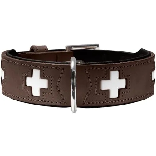 HUNTER Hundehalsband SWISS, braun/schwarz - Hochwertiges Hundehalsband aus weichem Rindnappaleder, handvernäht mit Schweizer Kreuzen. Langlebig und komfortabel, ideal für anspruchsvolle Hunde. Made in Germany.