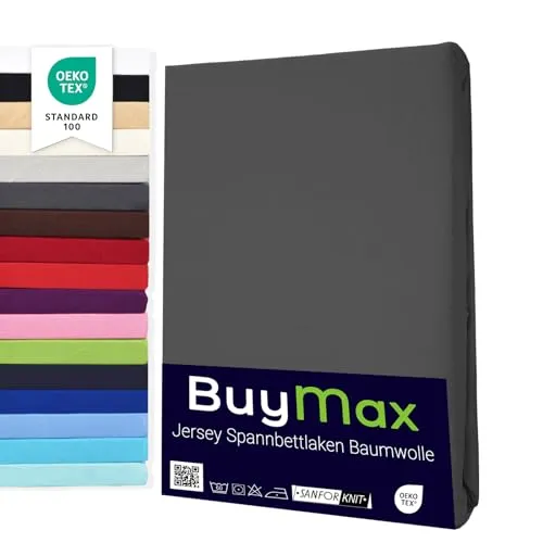 Buymax Spannbettlaken 200x200cm Doppelpack – 100% Baumwolle, Jersey, Anthrazit - 2er-Set Spannbettlaken aus 100% Baumwolle, geeignet für Matratzen bis 25 cm Höhe. Faltenfreier Sitz durch Rundumgummi und pflegeleicht dank hochwertiger Verarbeitung. Ideal für einen komfortablen Schlaf.