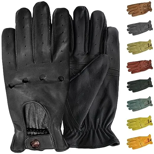 German Wear Herren Driving Lederhandschuhe Schwarz (Größe 7=S) - Dünne und weiche Lamm-Nappalederhandschuhe, angenehm zu tragen. Klassisches Design mit perforierten Fingern für optimalen Komfort beim Fahren.