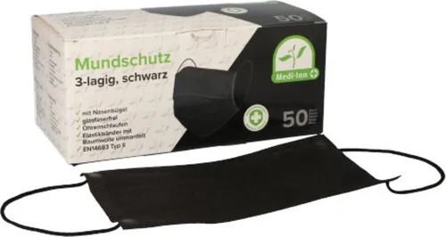 "Medi-Inn" Mundschutz Type II 3-lagig 9 cm x 17,5 cm schwarz mit Nasenbügel