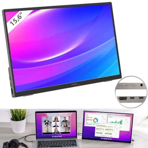 auvisio Portable Monitor: Mobiler 15,6"/39,6 cm IPS-Superslim-Monitor, Full HD, Metall, Standfuß (Zusatzmonitor, Bildschirme, Tablet Tasche)