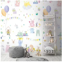living walls Fototapete Bunte Kinderzimmertapete mit Spielzeug, glatt, gemustert, matt, neutral, (1 St), Fototapete Babyzimmer Luftballons Kuscheltiere Tierchen Tapeten Flur bunt|lila|rosa