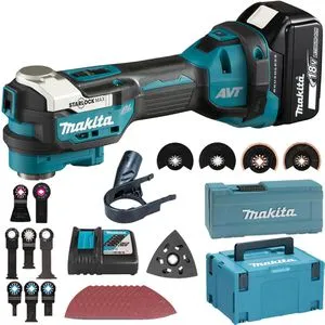Makita Multifunktionswerkzeug DTM52T1JX2, 18V Akku mit Zubehör und Koffer - Multifunktionswerkzeug für Sägen, Schneiden und Schleifen. Mit Anti-Vibrations-Technologie und werkzeuglosem Aufsatzwechsel. Ideal für anspruchsvolle DIY-Projekte.