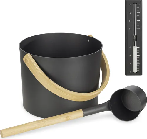 Navaris Aluminium Saunakübel Set - 3tlg. Aufgusseimer mit Kelle und Sanduhr - Aufgusskübel & -kellen: Hochwertiges 3-teiliges Set aus leichtem Aluminium, ideal für entspannende Saunaaufgüsse. Elegantes Design in Schwarz für dein Heim Spa!