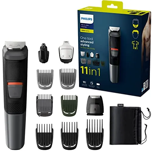 Philips MG5730/13/15/18 Multigroom Series 5000 - 11-in-1 Haarschneider für Gesicht, Kopf und Körper mit DualCut-Technologie für maximale Präzision und 80 Minuten Akkulaufzeit, abwaschbar und ideal für jeden Look.