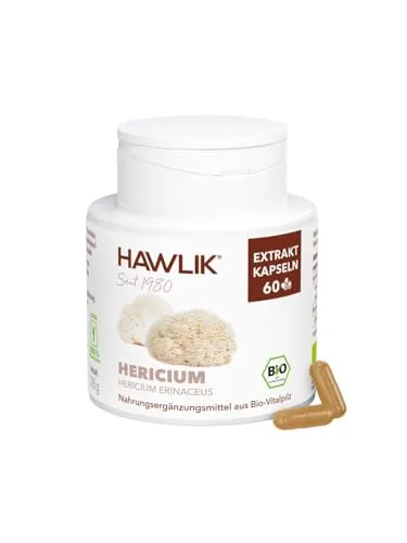 HAWLIK Vitalpilze Bio Hericium Extrakt Kapseln - 60 Kapseln - Mit Vitamin C - Natürlicher Anbau - Vegan - Magenfreundlich - Zuckerrohr-Dose