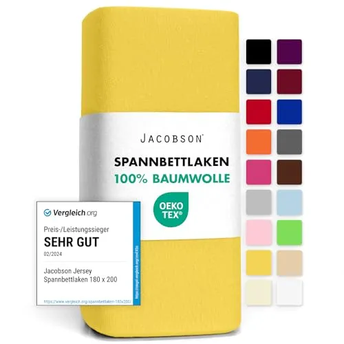 Jacobson Jersey Spannbettlaken Spannbetttuch Baumwolle Bettlaken (120x200-130x200 cm, Gelb)