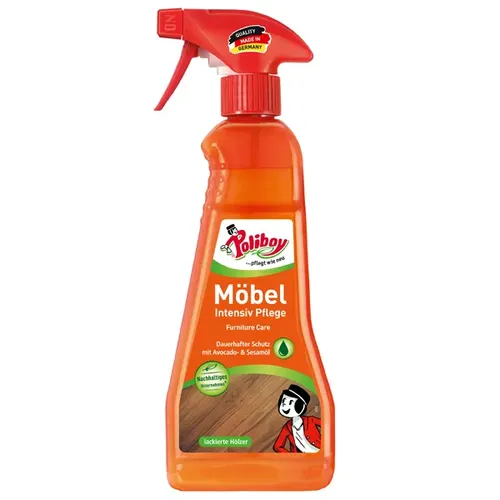 Poliboy Möbel Intensiv Pflege 375 ml - Holz- & Terrassenreiniger mit 3-fach Wirkung: reinigt, pflegt und schützt Ihre Möbel durch natürliche Öle, ideal für hygienische und streifenfreie Ergebnisse.