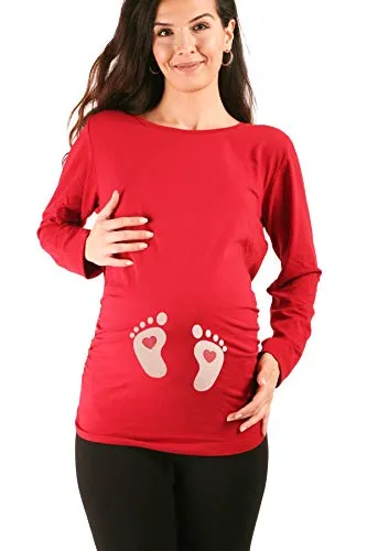 M.M.C. Fußabdrücke Baby mit Herz - Süße Umstandsmode Motiv Umstandsshirt Sweatshirt Schwangerschaftsshirt für die Schwangerschaft, Langarm (Weinrot, Large)