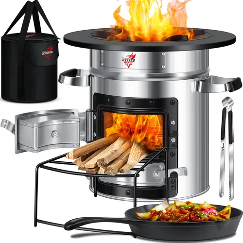 KESSER® Raketenofen mit Grillpfanne und Tragetasche - Campingkocher für energiesparendes Kochen ohne Strom, langlebige Edelstahlverarbeitung und gleichmäßige Wärmeverteilung für ein perfektes BBQ-Erlebnis.
