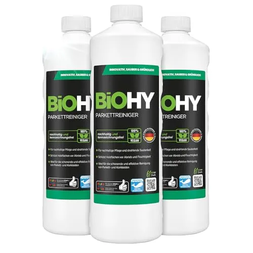 BiOHY Parkettreiniger (3 x 1 Liter) | Konzentrat für versiegeltes & geöltes Parkett | materialschonend & schmutzlösend | für eine streifenfreie Reinigung | 2 in 1 Pflege & Reinigungsmittel