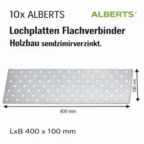 ART 81506 Lochplatte Stahl 400 x 100 x 2 sendzimirverzinkt, 10 Stück - Flachwinkel, robuste sendzimirverzinkte Lochplatten für vielfältige Anwendungen, ideal für Konstruktionen und Heimwerkerprojekte.