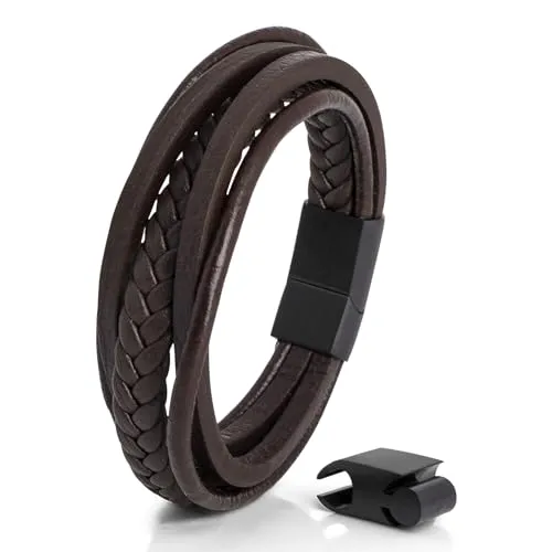 Akitsune Pax Lederarmband | Armschmuck Damen Herren Magnetisch Armband - Mattschwarz - Braun 18cm