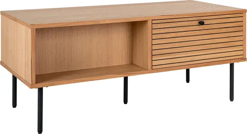 Couchtisch DROP KYOTO - Modernes Design mit Stauraum - Couchtisch in Eiche Furnier mit 2 Schubladen und offenen Fächern, ideal für stilvolle Wohnräume. Skandinavisches Design vereint Funktionalität und Eleganz.