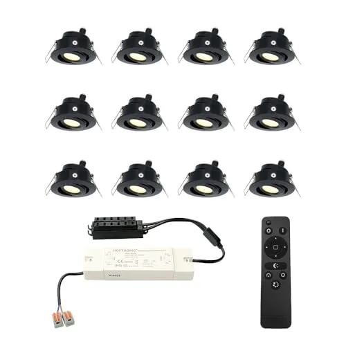 HOFTRONIC - Einbaustrahler Schwarz Feuchtraum Badezimmer 12V Terrassenüberdachung IP44 Wasserdicht | 12x3W 200 Lumen 2700K Warmweiß Dimmbar Schwenkbar Flach RF-Fernbedienung 3W Mini LED Einbaustrahler