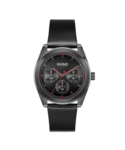 Hugo Multi Zifferblatt Quarz Uhr für Herren - #Bright Sport mit Schwarzem Lederarmband - Armbanduhren für Herren mit multifunktionalem Werk, 42mm Edelstahlgehäuse und schickem schwarzen Lederarmband für urbanen Stil und höchsten Tragekomfort.