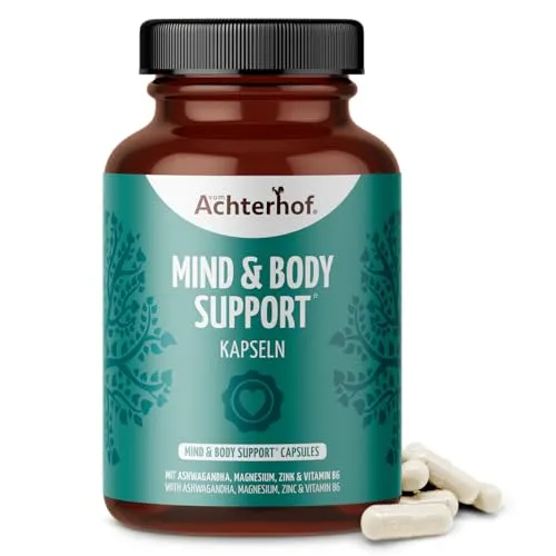 Mind & Body Support 120 Kapseln | 100% vegan mit Ashwagandha, Magnesium, Zink und Vitamin B6 - Ashwagandha Kapseln für ganzheitliche Unterstützung von Geist und Körper, fördern das Nervensystem und die psychische Funktion – ideal für Entspannung und Wohlbefinden.