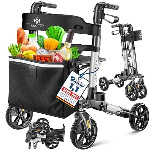 KESSER Rollator Aluminium Set - Leichtgewicht-Reiserollator, 3-fach faltbar und höhenverstellbar für einfachen Transport und individuellen Komfort