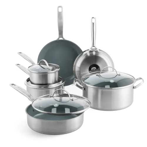 GreenPan Treviso 10-teiliges Kochgeschirr-Set mit Edelstahl und Keramikbeschichtung - Vielseitiges 10-teiliges Set aus Bratpfannen und Töpfen mit pflegeleichter, langlebiger Keramik-Antihaftbeschichtung. Ideal für alle Herdarten, inklusive Induktion, und spülmaschinenfest für müheloses Reinigen.