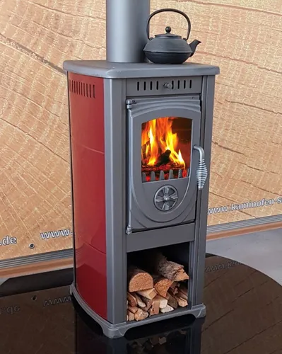 Kaminofen Okta rot mit Herdplatte - EEK A+ 3,9kW - Kaminöfen für den Innenbereich, energieeffizient mit 83,7% Wirkungsgrad und stilvollem Design in Rot, ideal für gemütliche Wärme.