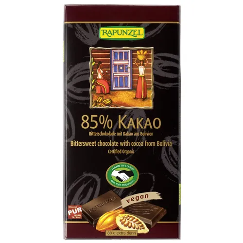 Rapunzel Bitterschokolade 85% Kakao HIH bio - Bio-Schokolade mit 85% Kakaoanteil, für echten Schokoladengenuss. Höchste Qualität, fair gehandelt und intensiv conchiert für vollendete Aromen und zarten Schmelz.