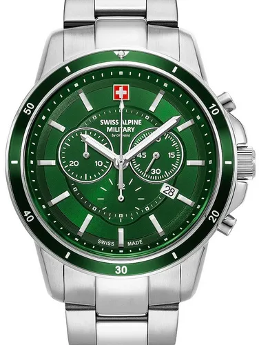 Swiss Alpine Military Douglas Chrono SAM7089.9134 Herrenuhr - Silber/Grün - Chronograph mit präzisem Schweizer Quarzwerk, auffälligem grünen Zifferblatt und 10 ATM Wasserdichtigkeit – ideal für stilbewusste Herren.