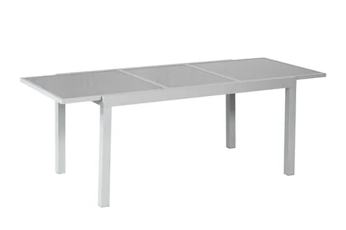 Merxx Ausziehtisch 140 (200) x 90 cm - Moderner Gartentisch - Gartentisch mit ausziehbarer Funktion von 140 cm auf 200 cm, ideal für gesellige Abende. Hergestellt aus pulverbeschichtetem Aluminium und eleganter grauer Sicherheitsglasplatte.