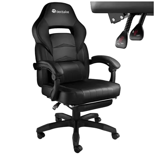 tectake® Ergonomischer Bürostuhl mit Lendenkissen - Bürostuhl mit Fußstütze und verstellbarer Rückenlehne für perfekten Sitzkomfort im Home Office oder beim Gaming. Elegantes Design trifft auf Funktionalität.