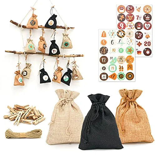 DuneDesign DIY Adventskalender zum Befüllen 2025-24 Weihnachtskalender Säckchen Stoff mit Girlande und Sticker-Set - Jutesäckchen Weihnachten Advent - Bastel Kalender Adventstüten für Kinder