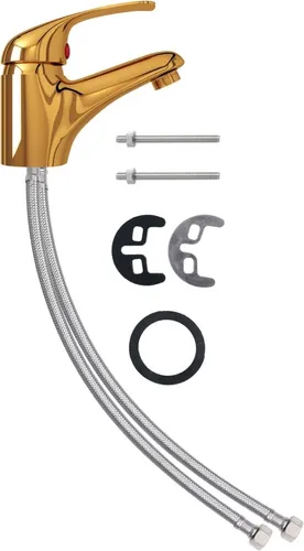 vidaXL Mischbatterie Golden 13x10 cm - Elegante Waschtischarmatur mit langlebiger Keramik-Kartusche, idealer Ersatz für Ihre Küche oder Bad. Inklusive Kalt- und Warmwasserschläuchen für einfache Installation.