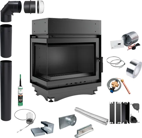 Eckkamin Wasser KRATKI MAJA Links 8 kW mit Montageset - Effizienter Kamineinsatz mit hoher Wärmeaustauschfläche und sicherem Betrieb. Hitzebeständige Keramik und modernes Design sorgen für optimale Nutzung und ansprechende Optik.