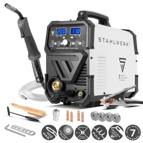 STAHLWERK MIG MAG 200 Puls Pro - 5-in-1 Schweißgerät - Professionelles Schweißgerät für MIG, MAG, ARC und TIG mit Pulsfunktion, ideal für Aluminium und Edelstahl. Vollsynergisch für einfache Handhabung und präzises Schweißen.