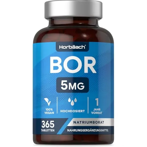 Boron 5mg Reines Bor je Tablette | 1 Jahr Vorrat - 365 Vegane Tabletten | Hochdosiert | Ohne unerwünschte Zusätze | Boron Supplement | von Horbaach