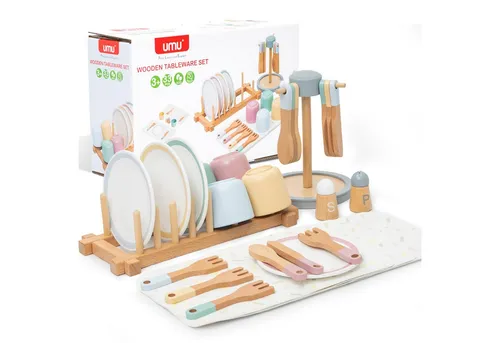Esun Spielküche Kinderküche Zubehör Holz, 33 St. Geschirrset mit Tassen, Spielküche, Geschenk für Mädchen Jungen ab 3 4 5 6 7 8 Jahre