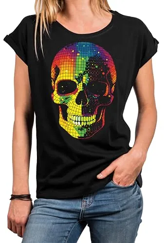 MAKAYA Disco Skull T-Shirt Damen Top mit Aufdruck Totenkopf Damenshirt Sommer Print Druck Discokugel Party Outfit Schwarz Große Größen XXXXXL