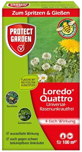 PROTECT GARDEN Loredo Quattro Rasen-Unkrautvernichter 100 ml - Effektiver Unkrautvernichter für Rasenflächen mit 4-fach Wirkung gegen über 40 Unkrautarten wie Löwenzahn und Klee, sicher und einfach anzuwenden.