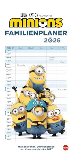Minions Familienplaner 2026: Familienkalender mit 5 Spalten. Wandkalender mit Schulferien und Stundenplänen. (Familienplaner Heye)