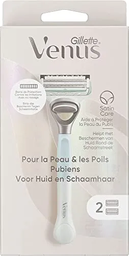 Gillette Venus Für Haut und Schamhaare, Damenrasierer mit 2 scharfen Klingen und einer Schutzstange, schützt den empfindlichen Bereich des Trikots vor dem Feuer des Rasierers