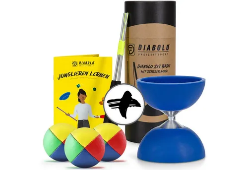 Diabolo Freizeitsport Spielball Jonglierset (blau) mit 3 bunten Bällen - Jonglierset für kreative Freizeitgestaltung, besteht aus einem Diabolo und 3 farbigen Bällen, ideal für Geschicklichkeitstraining und Spaß im Freien. Für Kinder ab 3 Jahren geeignet.