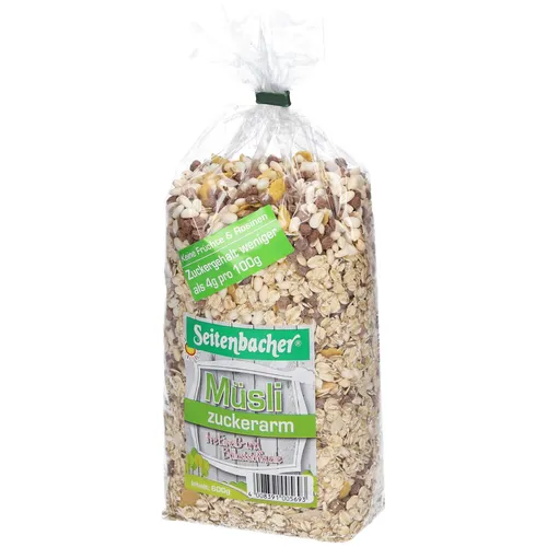 Seitenbacher® Müsli zuckerarm – Knusprige Vollkorn-Mischung - Genießen Sie den idealen Start in den Tag mit Seitenbacher® Müsli zuckerarm. Diese knusprige Mischung aus Haferflocken, Cornflakes und Mandelblättchen hat einen sehr niedrigen Zuckergehalt und bietet eine hohe Eiweiß- und Ballaststoffquelle.