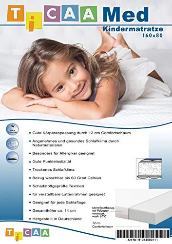 TiCAA Kindermatratze MedAllergen 80x200 - Matratzen für Kinder, allergikergeeignet mit 7-Zonen-Komfortschaum für optimale Unterstützung und erholsamen Schlaf.