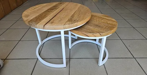 2er Set Couchtisch Sam Mangoholz rund Metall Mango Satztische Sofatisch weiß NEU