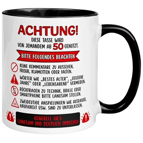 Geburtstag Männer Geschenk Tasse | Achtung – Diese Tasse wird von jemandem ab 50 genutzt | Lustige Geschenk Geburtstagstasse mit Spruch 50. Geburtstag | 50ter Geburtstag - Geburtstagsgeschenk Mann 50