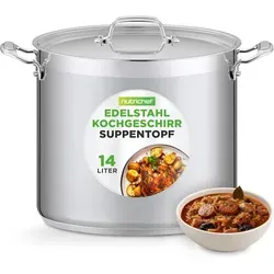 NutriChef Edelstahl Kochtopf 15,1L Induktion – Profi Suppentopf für Gastronomie und Meal Prep - Geräumiger 15,1 L Kochtopf aus hochwertigem Edelstahl, ideal für große Portionen und professionelle Anwendungen. Hitzebeständig bis 260 °C, perfekt für Eintöpfe und Suppen.