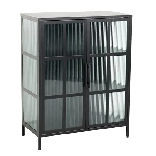 riess-ambiente.de Industrial Vitrine DURA Steel 80cm - Glasvitrine im industriellen Loft-Stil aus schwarzem Metall und Riffelglas, mit dekorativen Fenstersprossen und viel Stauraum für Dein Lieblingsgeschirr. Max. Belastbarkeit pro Einlegeboden: ca. 18 kg.