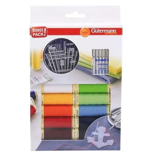 Gütermann creativ Nähfaden-Set mit 10 Spulen Allesnäher - Nähgarn-Set mit 10 bunten Spulen und hochwertigen Nähnadeln von PRYM und SCHMETZ. Ideal für alle Stoffe, bietet flusenfreie, starke Nähte dank Micro Core Technology - Made in Germany.